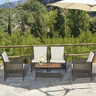 Clihome 5 Pieces Patio Rattan Furniture Set Cushioned Sofa Wooden Tabletop