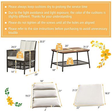 Clihome 5 Pieces Patio Rattan Furniture Set Cushioned Sofa Wooden Tabletop