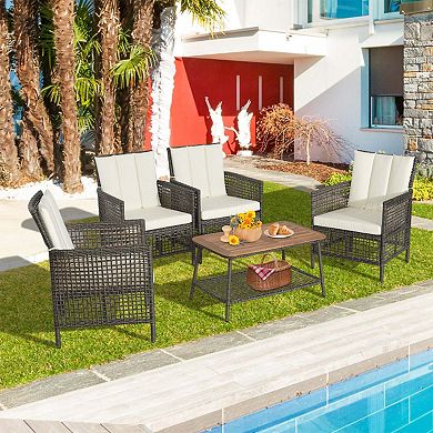 Clihome 5 Pieces Patio Rattan Furniture Set Cushioned Sofa Wooden Tabletop