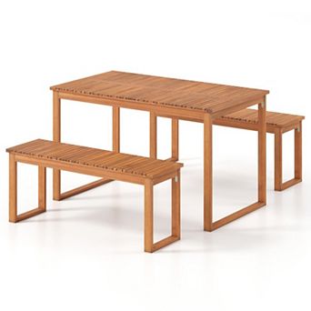 Clihome 3 pc Acacia Wood Picnic Set Outdoor Dining Table & 2 Benches for 4