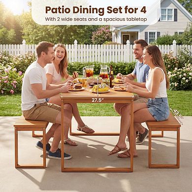 Clihome 3-Piece Acacia Wood Picnic Set Outdoor Dining Table & 2 Benches for 4