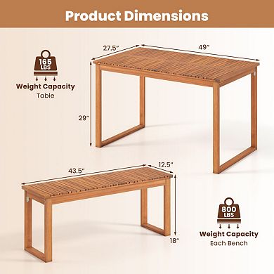 Clihome 3-Piece Acacia Wood Picnic Set Outdoor Dining Table & 2 Benches for 4
