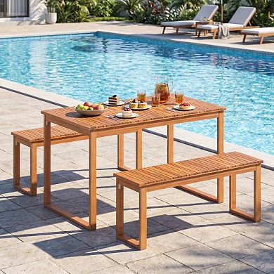 Clihome 3-Piece Acacia Wood Picnic Set Outdoor Dining Table & 2 Benches for 4