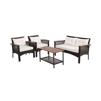 Clihome 4 pc Patio Rattan Acacia Wood Furniture Set with Cushions & Armrest