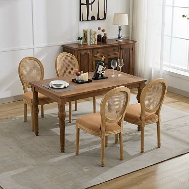French Dining Chairs Set of 2, Linen Fabric Rattan Back Dining Chair, Solid Wood Frame