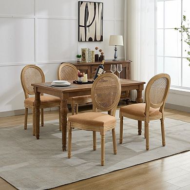 French Dining Chairs Set of 2, Linen Fabric Rattan Back Dining Chair, Solid Wood Frame