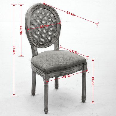 French Dining Chairs Set of 2, Linen Fabric Rattan Back Dining Chair, Solid Wood Frame