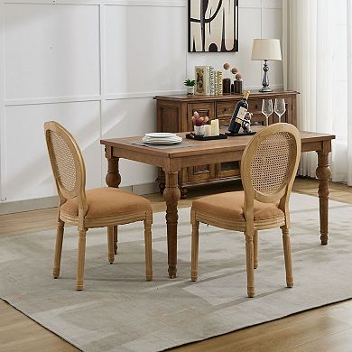 French Dining Chairs Set of 2, Linen Fabric Rattan Back Dining Chair, Solid Wood Frame