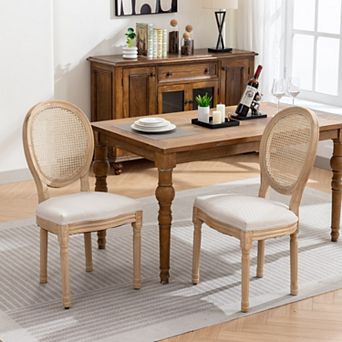 French Dining Chairs Set of 2, Linen Fabric Rattan Back Dining Chair, Solid Wood Frame