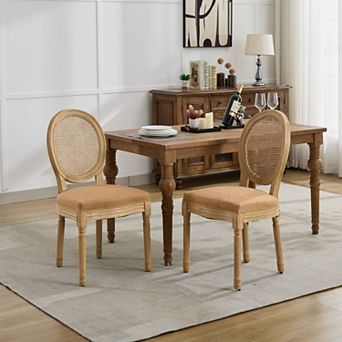 French Dining Chairs Set of 2, Linen Fabric Rattan Back Dining Chair, Solid Wood Frame