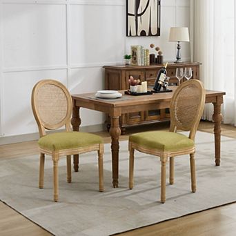 French Dining Chairs Set of 2, Linen Fabric Rattan Back Dining Chair, Solid Wood Frame