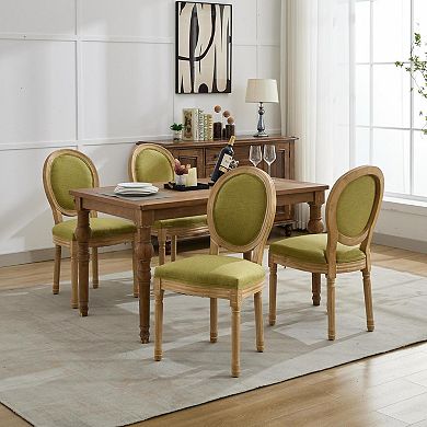 French Country Dining Chairs Set of 2, Linen Upholstered Seat, Round Back and Solid Leg