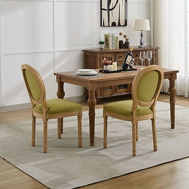 French Country Dining Chairs Set of 2, Linen Upholstered Seat, Round Back and Solid Leg