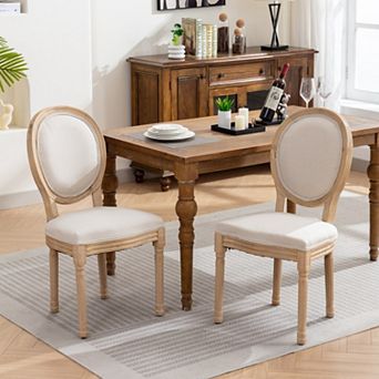 French Country Dining Chairs Set of 2, Linen Upholstered Seat, Round Back and Solid Leg