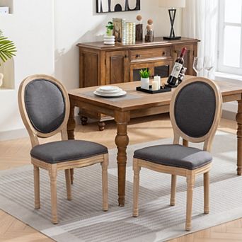French Country Dining Chairs Set of 2, Linen Upholstered Seat, Round Back and Solid Leg