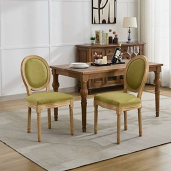 French Country Dining Chairs Set of 2, Linen Upholstered Seat, Round Back and Solid Leg
