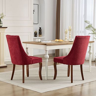 Linen Dining Chairs Set of 2, with Curved Solid Wood Legs, Channel Tufted Dining Room Chairs
