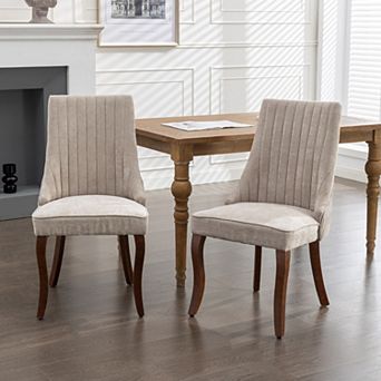 Linen Dining Chairs Set of 2, with Curved Solid Wood Legs, Channel Tufted Dining Room Chairs