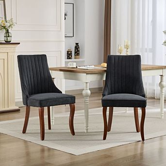 Linen Dining Chairs Set of 2, with Curved Solid Wood Legs, Channel Tufted Dining Room Chairs