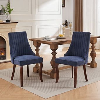 Linen Dining Chairs Set of 2, with Curved Solid Wood Legs, Channel Tufted Dining Room Chairs