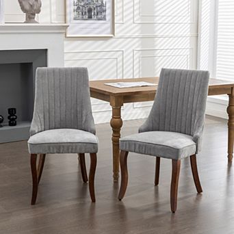 Linen Dining Chairs Set of 2, with Curved Solid Wood Legs, Channel Tufted Dining Room Chairs