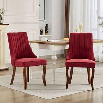 Linen Dining Chairs Set of 2, with Curved Solid Wood Legs, Channel Tufted Dining Room Chairs