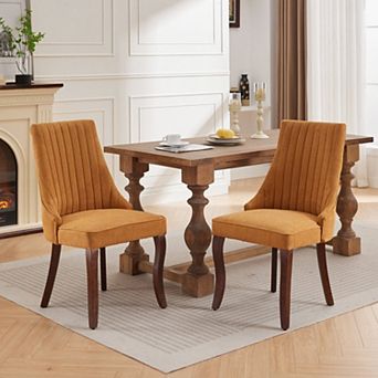 Linen Dining Chairs Set of 2, with Curved Solid Wood Legs, Channel Tufted Dining Room Chairs