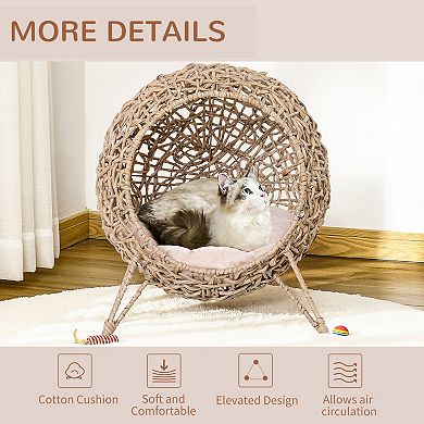 20.5" Weaved Cat Bed, with Cushion, Elevated Hand-woven Braided Banana Leaf Kitten House Condo