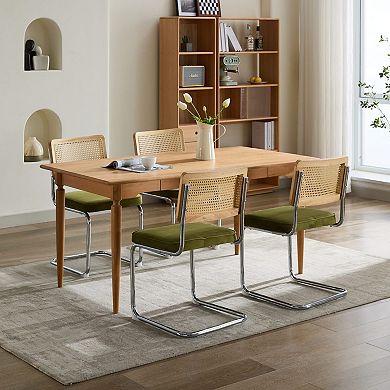 Velvet Dining Chairs Set of 2, with Natural Cane Back & Stainless Chrome Base