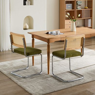 Velvet Dining Chairs Set of 2, with Natural Cane Back & Stainless Chrome Base