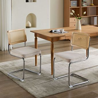 Velvet Dining Chairs Set of 2, with Natural Cane Back & Stainless Chrome Base