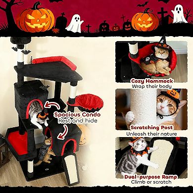 78 Inch Level Cat Tower, Gothic Castle-Inspired 4 Bat Hanging Balls, 2 Condos, Easy Assembly