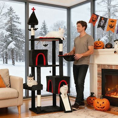 78 Inch Level Cat Tower, Gothic Castle-Inspired 4 Bat Hanging Balls, 2 Condos, Easy Assembly