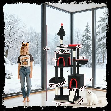 78 Inch Level Cat Tower, Gothic Castle-Inspired 4 Bat Hanging Balls, 2 Condos, Easy Assembly