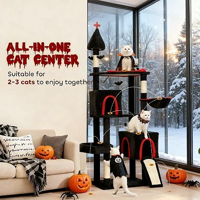 78 Inch Level Cat Tower, Gothic Castle-Inspired 4 Bat Hanging Balls, 2 Condos, Easy Assembly