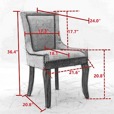 Upholstered Dining Chairs Set of 2, Fabric Kitchen Chair, Nailhead Trim, Wood Legs