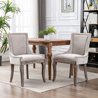 Upholstered Dining Chairs Set of 2, Fabric Kitchen Chair, Nailhead Trim, Wood Legs
