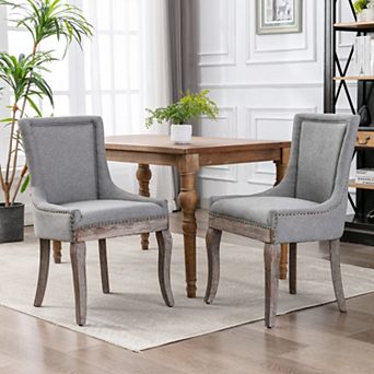 Upholstered Dining Chairs Set of 2, Fabric Kitchen Chair, Nailhead Trim, Wood Legs