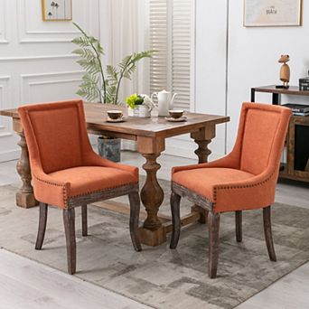 Upholstered Dining Chairs Set of 2, Fabric Kitchen Chair, Nailhead Trim, Wood Legs