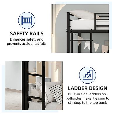 Twin Over Twin Bunk Bed, with Side Ladder,Noise Reduced, Safety Guardrail, No Box Spring Needed