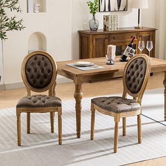 Vintage Wooden Dining Chairs Set of 2, with PU Leather Upholstered Tufted Seat, Wood Legs