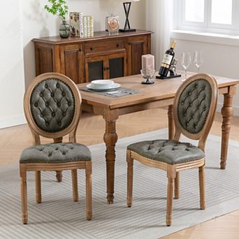 Vintage Wooden Dining Chairs Set of 2, with PU Leather Upholstered Tufted Seat, Wood Legs