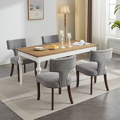 Mid Century Modern Dining Chair Set of 2, Linen Upholstered Kitchen Chairs with Solid Wood Legs