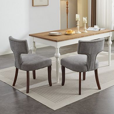 Mid Century Modern Dining Chair Set of 2, Linen Upholstered Kitchen Chairs with Solid Wood Legs