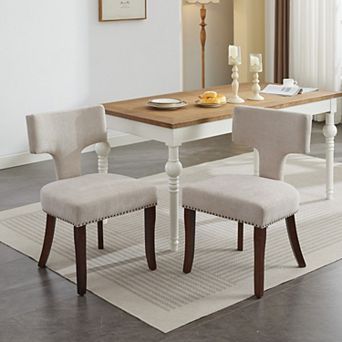 Mid Century Modern Dining Chair Set of 2, Linen Upholstered Kitchen Chairs with Solid Wood Legs