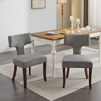 Mid Century Modern Dining Chair Set of 2, Linen Upholstered Kitchen Chairs with Solid Wood Legs