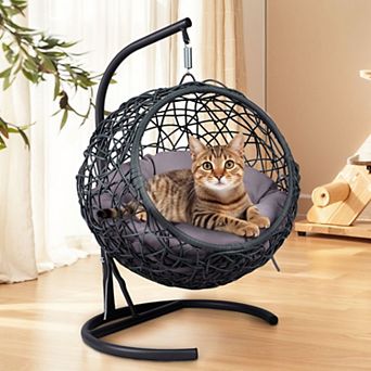 Cat Swing Bed, with Stand & Cushion, with Rattan Wicker Appearance, Indoor Hanging Swinging