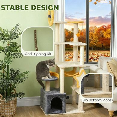 63 Inch Multi-Level Cat Tower, with Sisal Scratching Post, Cat Condos, Hammock, Pet Activity Center