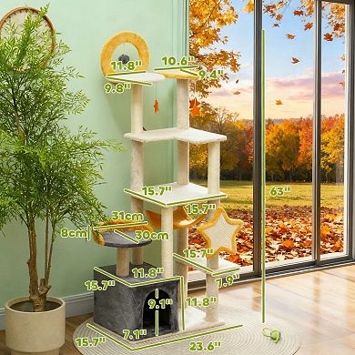 63 Inch Multi-Level Cat Tower, with Sisal Scratching Post, Cat Condos, Hammock, Pet Activity Center