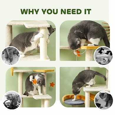63 Inch Multi-Level Cat Tower, with Sisal Scratching Post, Cat Condos, Hammock, Pet Activity Center